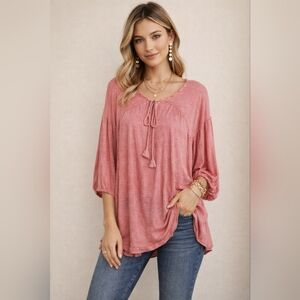 We The Free Womens XS Coral Pink Boho Peasant Top Flowy Tie Neck Linen Blend